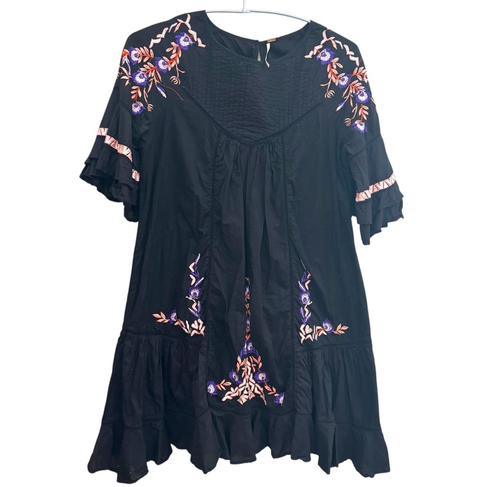 Free people Pavlov babydoll embroidered black ruffle mini puff floral dress